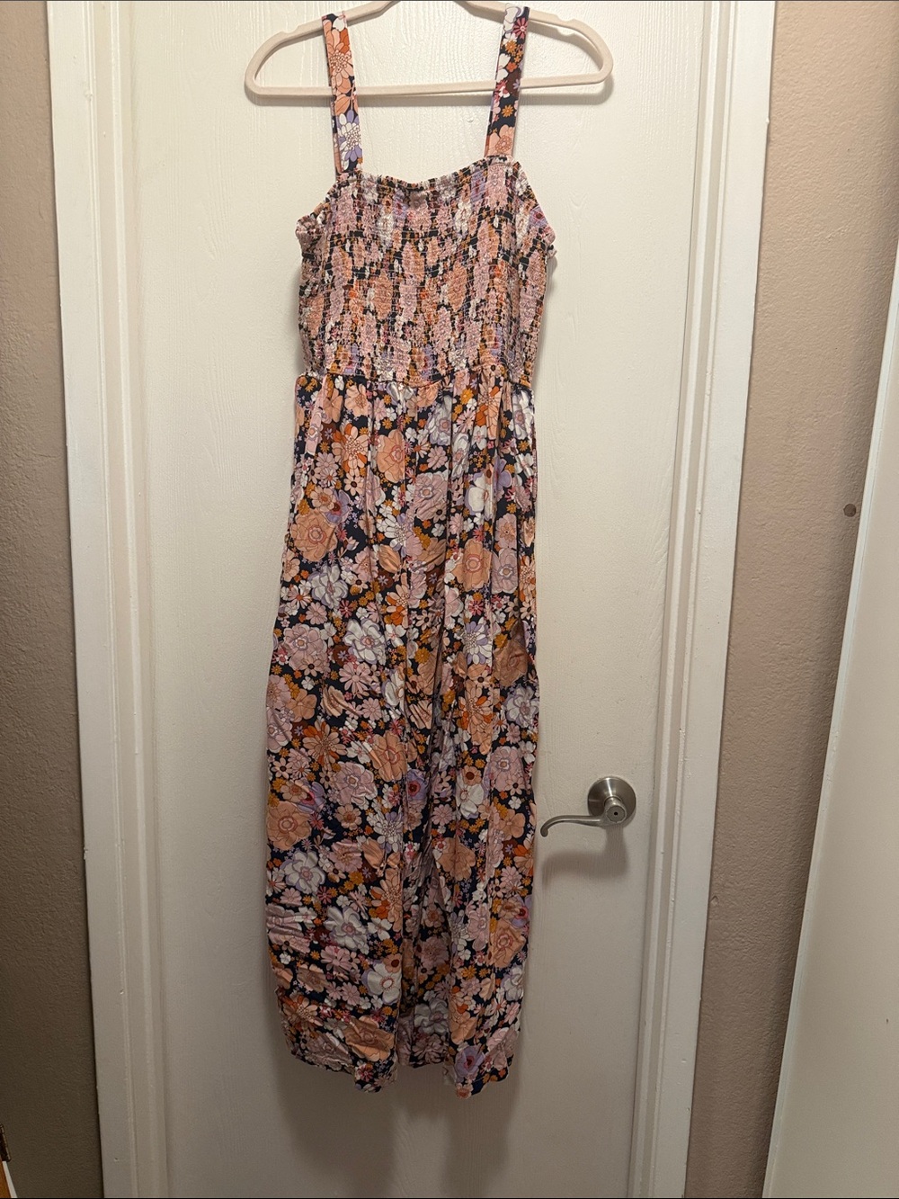 Smocked Floral Strap Jumpsuit in Peach and Navy